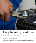 Person installing Eight Pack Side Post Battery Terminal Bolts Kit, Three Eighths Inch Short and Long Stud Adapters on car battery