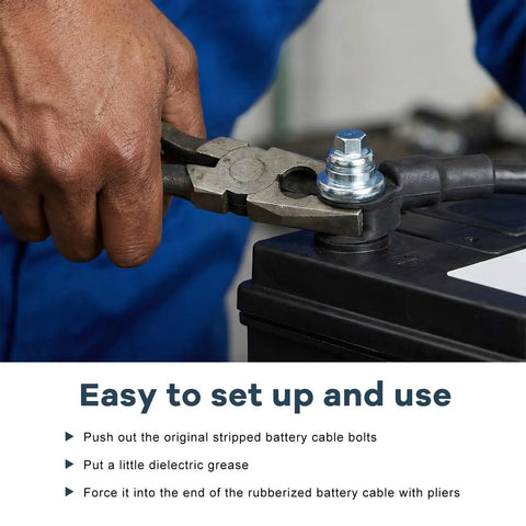 Person installing Eight Pack Side Post Battery Terminal Bolts Kit, Three Eighths Inch Short and Long Stud Adapters on car battery