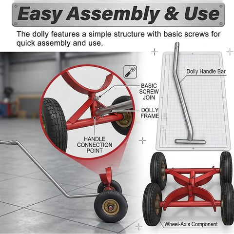 Two Pack Beefy Pipe Transport Cart With 360 Degree Rotating Cradle For Steel And PVC Pipes, Heavy Duty Pipe Dolly Carrier For Construction, Warehouse And Workshop, Handles Up To 1760 Lbs Load. Easy assembly view of red pipe dolly handle and wheel-frame components.