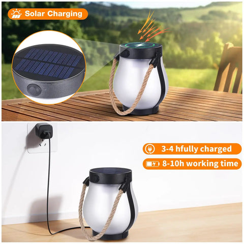 Two Pack Solar Flame Lantern Lights With Flickering Flame Effect for a Lit Outdoor Look on wood table and wall plug