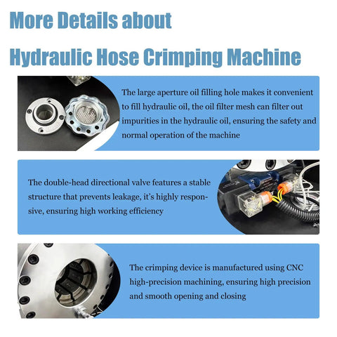 No Hassle Electric Hydraulic Hose Crimping Machine With 10 Die Set For 0.24 To 2.01 Inch Fittings AC 220V Single Phase showing oil filling and crimping mechanism details.