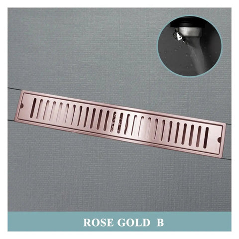 Smooth Brushed Rose Gold Bathroom Shower Drain Rectangular Floor Hair Catcher Filter Tool Free Cleaning Hook No Sweat Setup Dead Simple Cleanup Slick Stainless Steel Waste Grate 600 Mm installed in bathroom.