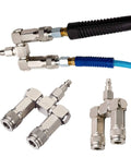 Two Way Air Manifold 3 Port Industrial Pneumatic Quick Connect Swivel Socket 360 Degree Hose Splitter Line Connector For Compressors And Air Tools In Home Garages And Pro Shops showcasing connectors with hoses attached.