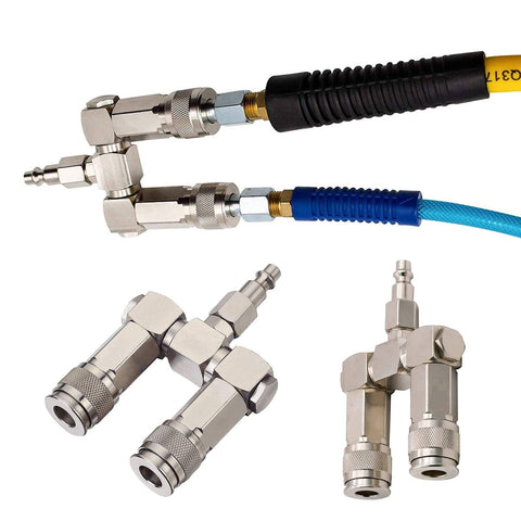 Two Way Air Manifold 3 Port Industrial Pneumatic Quick Connect Swivel Socket 360 Degree Hose Splitter Line Connector For Compressors And Air Tools In Home Garages And Pro Shops showcasing connectors with hoses attached.