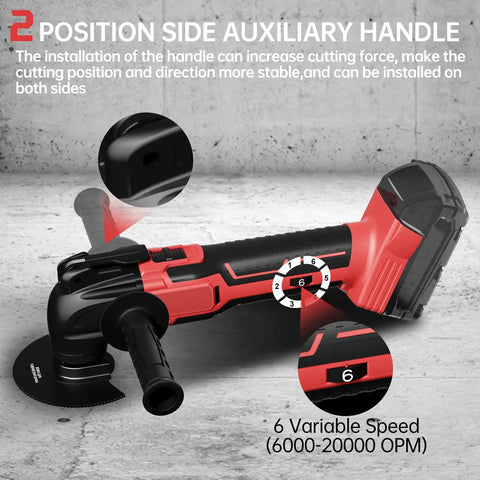 Heavy Duty Brushless Motor Cordless Oscillating Multi Tool Compatible With 18V Batteries comes with a side auxiliary handle for stability.