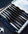 BallistiX Twitch Tackle Tray For Jerkbaits And Topwaters Waterproof Lure Box with clear lid showing eight compartments.