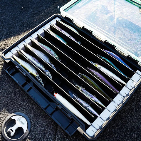 BallistiX Twitch Tackle Tray For Jerkbaits And Topwaters Waterproof Lure Box with clear lid showing eight compartments.