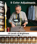 Man using 15X HD Magnifying Glass With Light For Crafts And Reading; adjustable swing arm desk lamp; five color LED; sewing use.