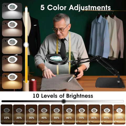 Man using 15X HD Magnifying Glass With Light For Crafts And Reading; adjustable swing arm desk lamp; five color LED; sewing use.
