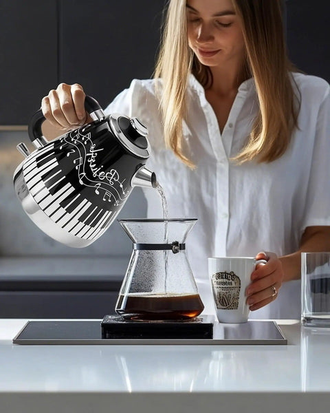 Electric Kettle With Piano And Musical Notes Design 1.7 Liter Stainless Steel Interior in use pouring water into coffee maker