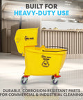 Legit Heavy Duty 35 Quart Mop Bucket With Side Press Wringer Rolling Cart For Commercial Cleanup Crews That Demand Quick Results Includes Yellow Poly Bin And Caution Sign in a modern setting.