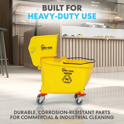 Legit Heavy Duty 35 Quart Mop Bucket With Side Press Wringer Rolling Cart For Commercial Cleanup Crews That Demand Quick Results Includes Yellow Poly Bin And Caution Sign in a modern setting.