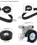 Drive Belt Tensioner And Serpentine Belt Kit With Idler Pulley For Silverado Tahoe Avalanche Yukon Sierra Hummer H2 H3 2009 2013 V8 Engines 4.8L 5.3L 6.0L 6.2L Beefy Replacement Easy Install showing dimensions of belt, tensioner, and pulley.