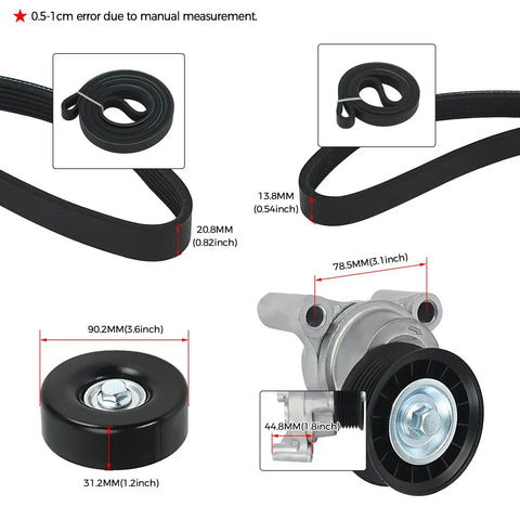 Drive Belt Tensioner And Serpentine Belt Kit With Idler Pulley For Silverado Tahoe Avalanche Yukon Sierra Hummer H2 H3 2009 2013 V8 Engines 4.8L 5.3L 6.0L 6.2L Beefy Replacement Easy Install showing dimensions of belt, tensioner, and pulley.