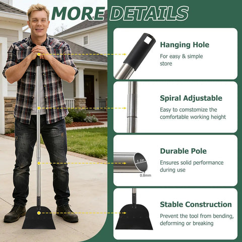 Person holding a Beast Of A Floor Scraper Garden Shovel With 82 Inch Adjustable Handle and Sharp Heavy Duty Flat Blade in front of house.