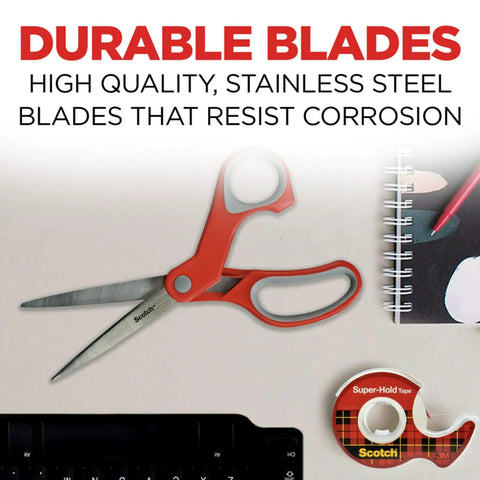All Purpose Stainless Steel Scissors 8 Inch With Soft Grip Handle In Red And Gray For Home School Office Crafting And Left Or Right Hand Use Workhorse For Paper Fabric Cardstock And Everyday DIY Tasks, red and gray scissors on product package