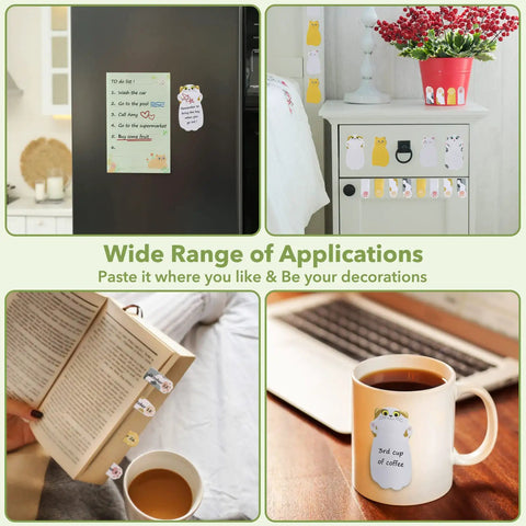 Cat Sticky Notes Set With Paw Tabs And Page Markers used on fridge, book, cabinet, and mug showcasing versatility and fun designs.