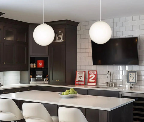 Mid Century Modern Globe Pendant Light With Frosted Glass Orb, White Finish, Minimalist Hanging Lamp in a modern kitchen