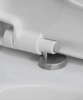 Close-up of stainless steel hinge on universal elongated toilet seat with soft close lid, durable thermoplastic, white.
