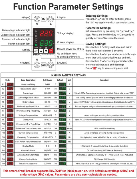 Settings panel for smart circuit breaker with adjustable voltage protection 70-200V low cutoff, 140-300V high cutoff, DIN rail mount.