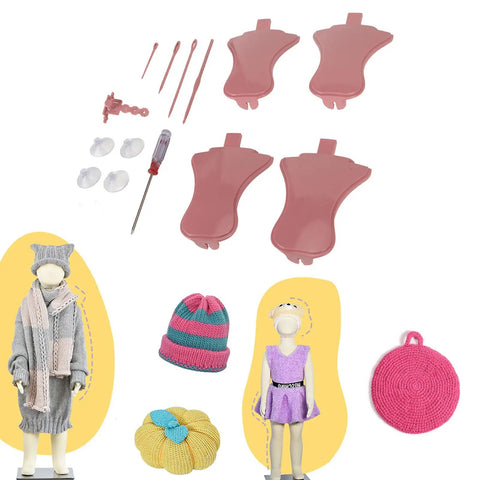 Deluxe Knitting Machine Accessory Set with round loom attachments, wire holders, wool needles, and crochet hook.
