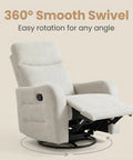 360 Degree Swivel Glider Rocker Recliner Chair With Side Pull Handle, Manual Recline, Beige Fabric Upholstered, Extended Footrest
