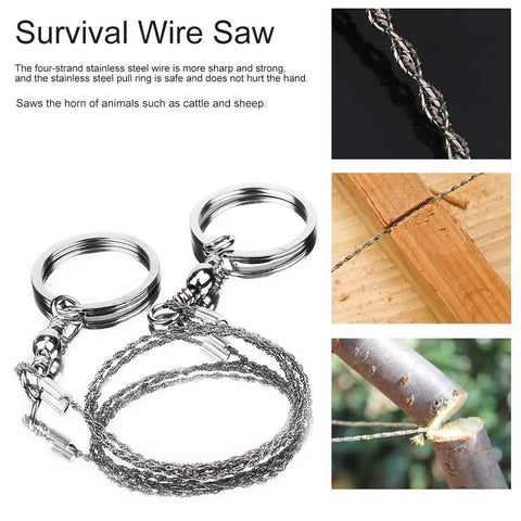 Beefy Stainless Steel Portable Wire Saw for Outdoor Wood Cutting, Survival, Camping Gear, Close-up Wire and Wood Cuts