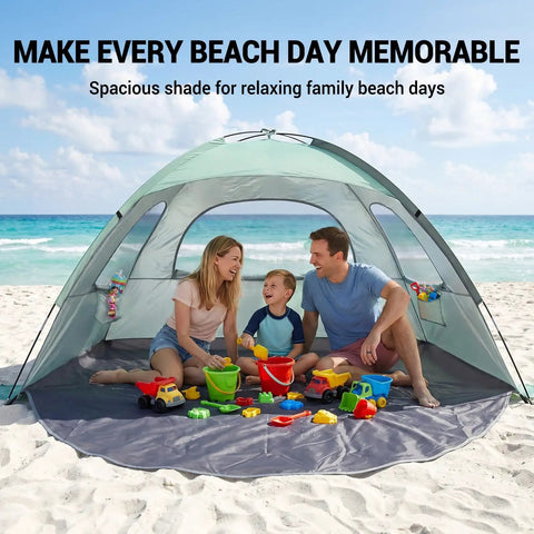 Mint Green Beach Tent With Anti UV Sun Shade Portable 3 Person Shelter Extendable Floor 3 Ventilating Mesh Windows UPF 50