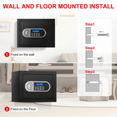 Image showing wall and floor installation of 1.3 Cu Ft Fireproof Safe For Home Use Compact Anti Theft Safe For Documents And Jewelry.