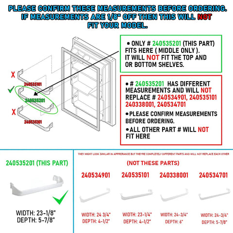 Diagram showing Ultra Tough Door Bar Rack Replacement for Standard Refrigerators, part number 240535201, with measurements.