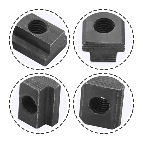 Premium Quality Heavy Duty M10 T Slot Nuts 3/8 Inch Thread Black Oxide Coated 5 Piece Set close-up view of sliding fasteners