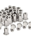 Thirty Piece 1/4 20 Unc Stainless Steel Rivet Nutserts Hella Tough Threaded Inserts for Sheet Metal arranged on a surface.
