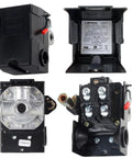 Heavy Duty Air Compressor Pressure Switch Replacement LF10 4H 135-175 PSI 20A Rating Universal Pump Control Valve shown in multiple angles.