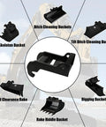 Rock Solid Coupler Bracket for Mini Excavator Quick Attach Mounts Built to Last in Heavy Duty Steel with Black Coating centered among various excavator bucket attachments
