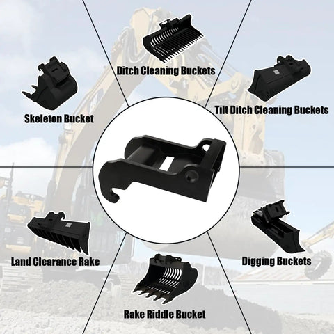 Rock Solid Coupler Bracket for Mini Excavator Quick Attach Mounts Built to Last in Heavy Duty Steel with Black Coating centered among various excavator bucket attachments