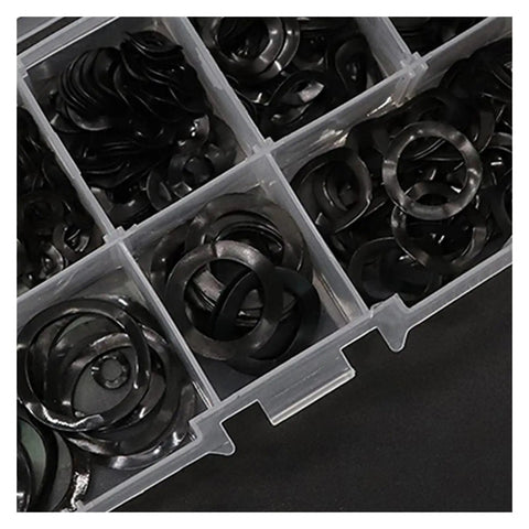 Heavy Duty Steel Ring Spring Washers Three Wave Gasket Kit 550 Pcs With M3 M4 M5 M6 M8 M10 M12 M16 Sizes Vibration Resistant Anti Loosening Hardware Gear Up For Electronics Machinery And Car Projects, black steel washers in organizer tray