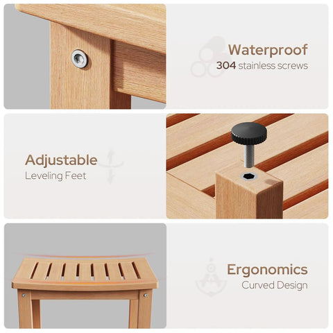 Close-up of 21 Inch Poly Lumber Waterproof Shower Bench with Storage Shelf showing screws, adjustable feet, and ergonomic design in teak color.