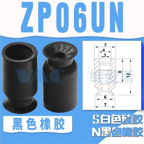 1Pcs Mini Industrial Vacuum Suction Cup Nozzle ZP-06UN Pneumatic Manipulator Sucker For Automation Grippers And Handling Systems. Close-up of black rubber suction cup, compact design for precision lifting.