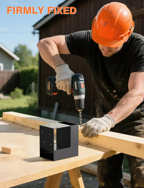 Worker using drill with Tough As Nails 4 Pack 3-Way Corner Brackets for DIY Workbenches and Wood Projects on outdoor table