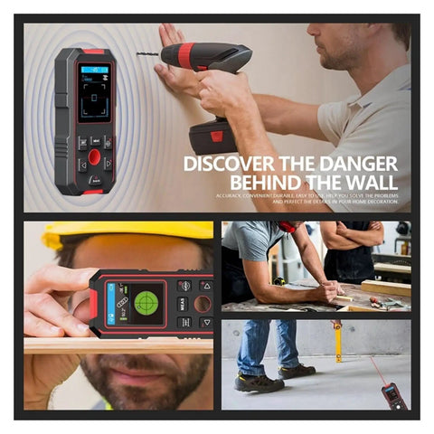 Person using Straight Shooting 3 In 1 Stud Finder And Wall Scanner With Laser Tape Measure to locate pipes behind wall.