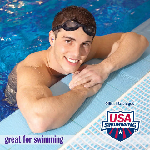 Swimmer using AquaBlock Silicone Ear Plugs For Swimming 2 Pair Waterproof Reusable Ear Protection, resting by pool edge