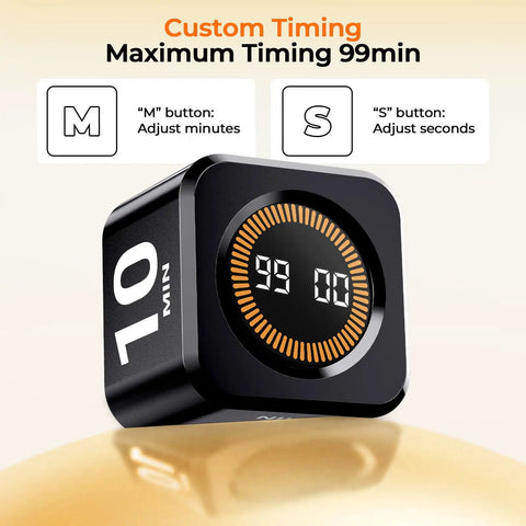 Gravity Flip Pomodoro Timer Cube For Focus Boost with digital display showing 99 min, adjustable by M and S buttons