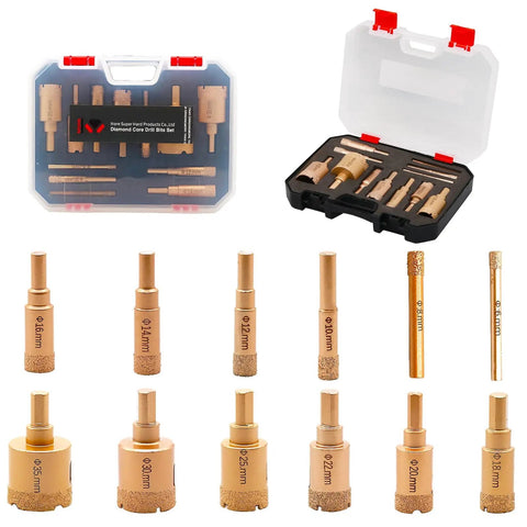 Hole Saw Drill Bit Set Core Bits For Ceramic Tile Glass Marble Granite Gypsum 12 Pc Wet Or Dry Use With Serrated Brazing Bits