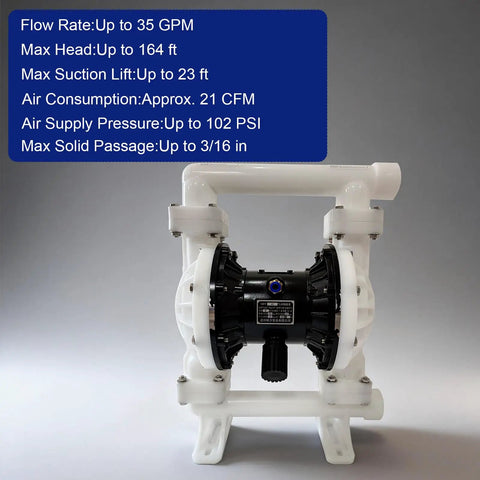 Heavy Duty Air Operated Double Diaphragm Pump 35 Gpm Pushing Up To 100 Psi Polypropylene Body with specs visible