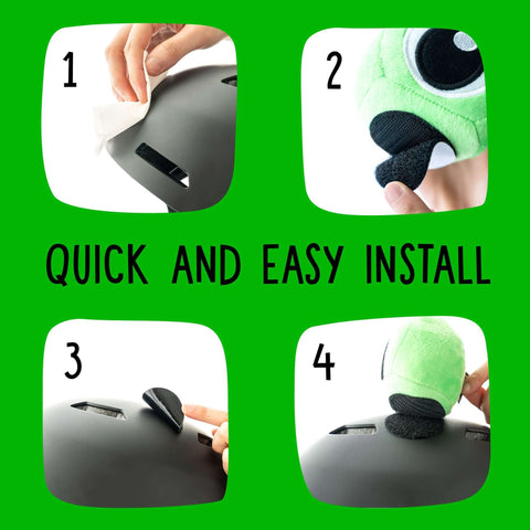 Installation steps for Totally Fun Frog Helmet Accessory Set With Sticky Hook And Loop Fastener Adhesive Eyes And Ears Cover