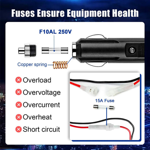 Fuses and features of Heavy Duty Three Pin CB Power Cord With 2 Wire 16 Gauge Copper Cable And Fused Car Lighter Plug 12V Replacement