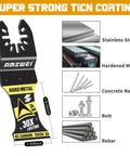 Pro Level Upgraded Carbide Oscillating Tool Blades Eight Piece Set Featuring Advanced TiCn Coating For Multi Material Cut And Scrape Tasks Built Like A Tank To Outlast Ordinary Wear showing a hard metal oscillating blade with TiCN coating.