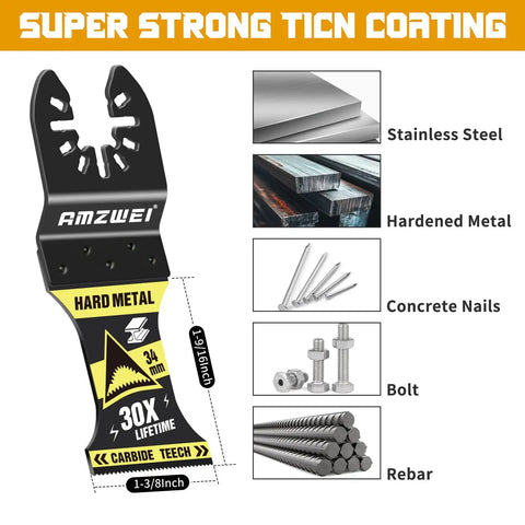 Pro Level Upgraded Carbide Oscillating Tool Blades Eight Piece Set Featuring Advanced TiCn Coating For Multi Material Cut And Scrape Tasks Built Like A Tank To Outlast Ordinary Wear showing a hard metal oscillating blade with TiCN coating.