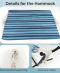 Two Person Outdoor Hammock With Adjustable Metal Stand For Patio Or Garden, blue fabric and metal rings close-up