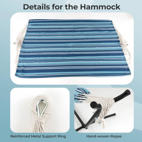 Two Person Outdoor Hammock With Adjustable Metal Stand For Patio Or Garden, blue fabric and metal rings close-up